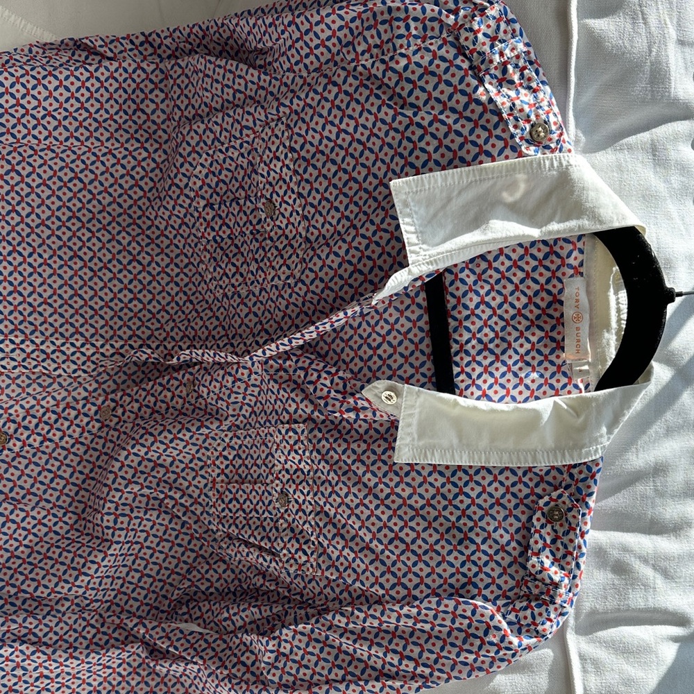 Tory Burch Purple and White Geometric Button-Up Blouse - Picture 3 of 3
